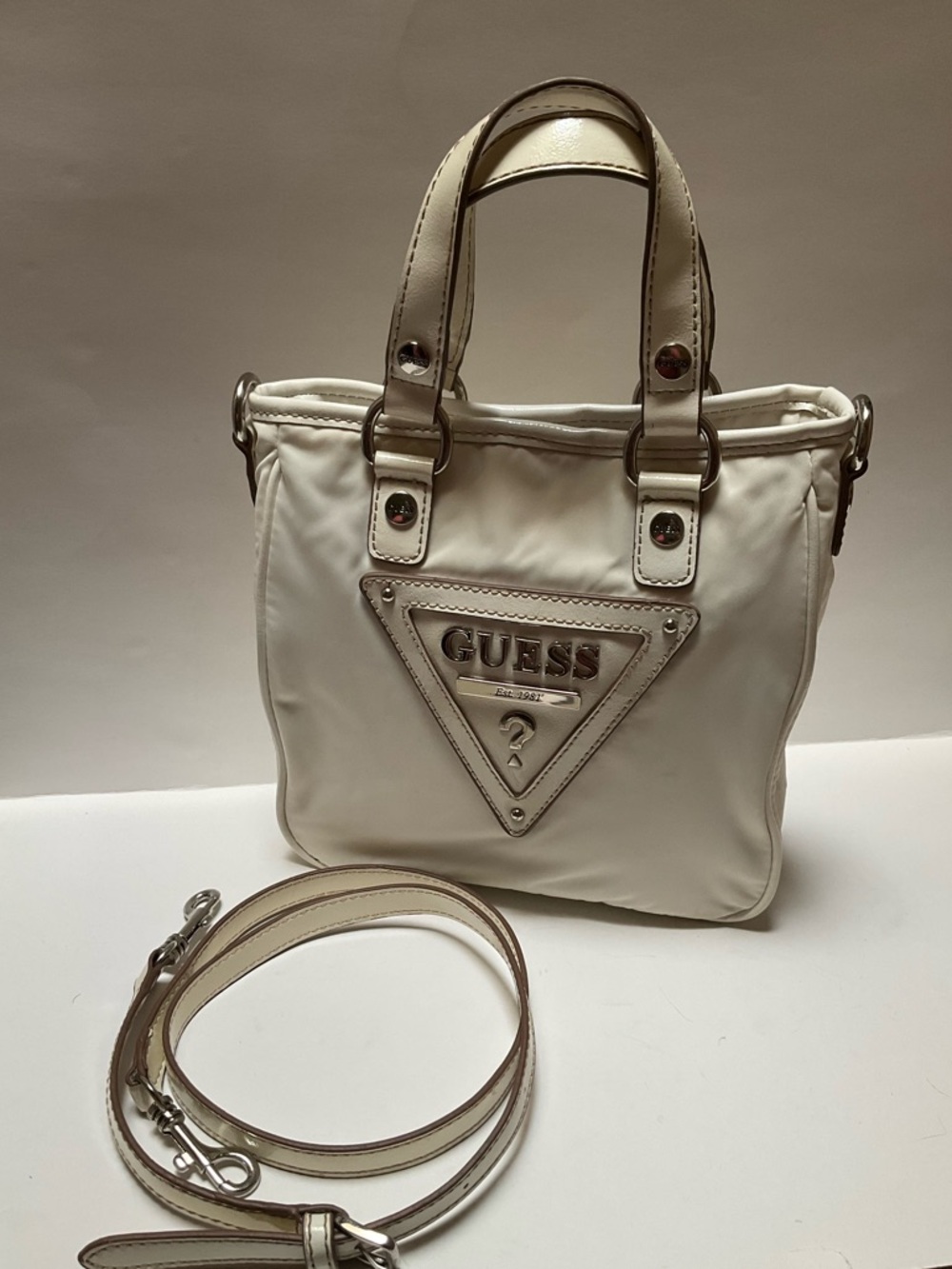 Vintage GUESS Jeans White Nylon Tote Cream Satchel Removable Crossbody Strap